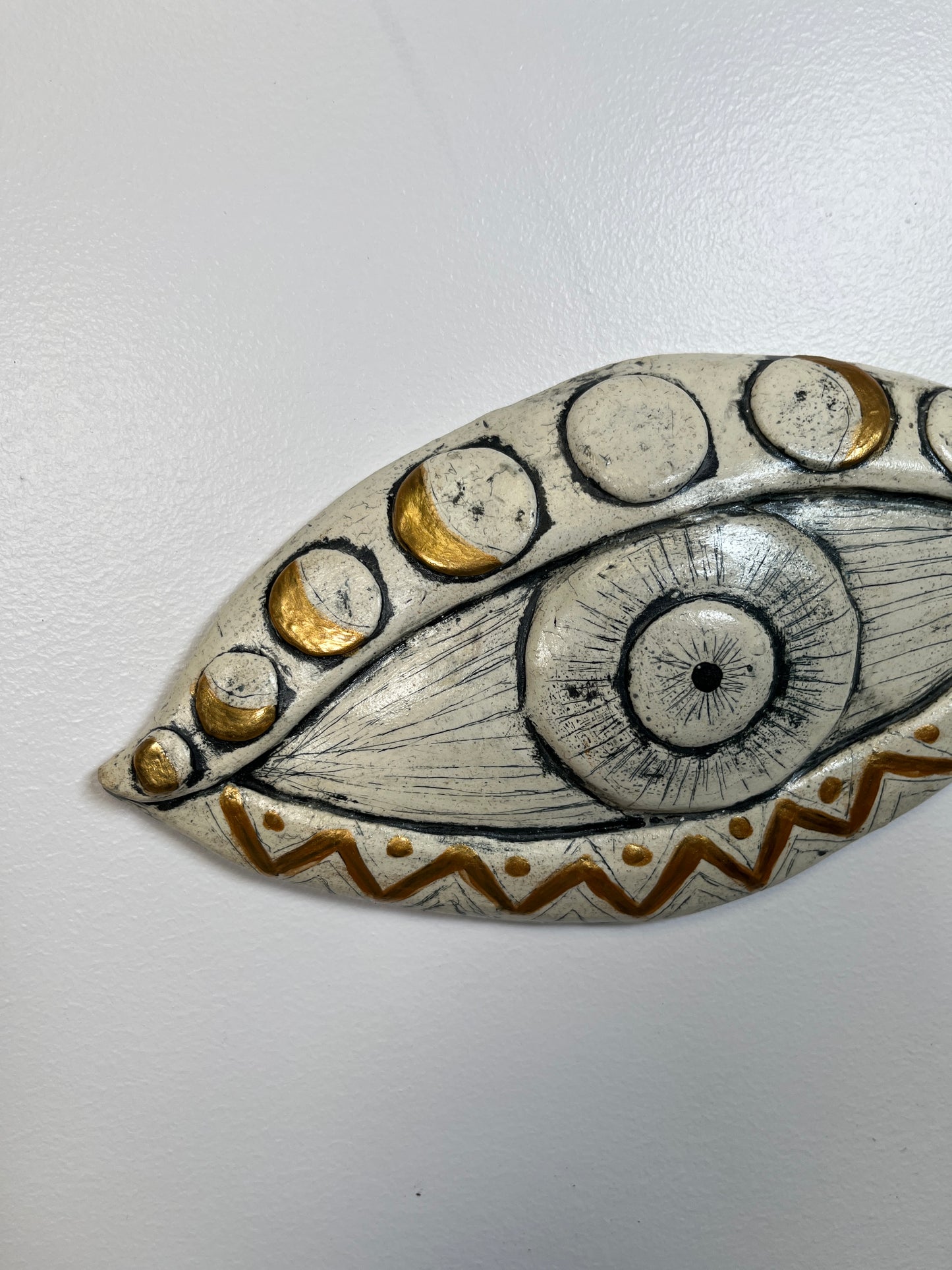 Large white moon phase eye ceramic one of a kind artist made wall art