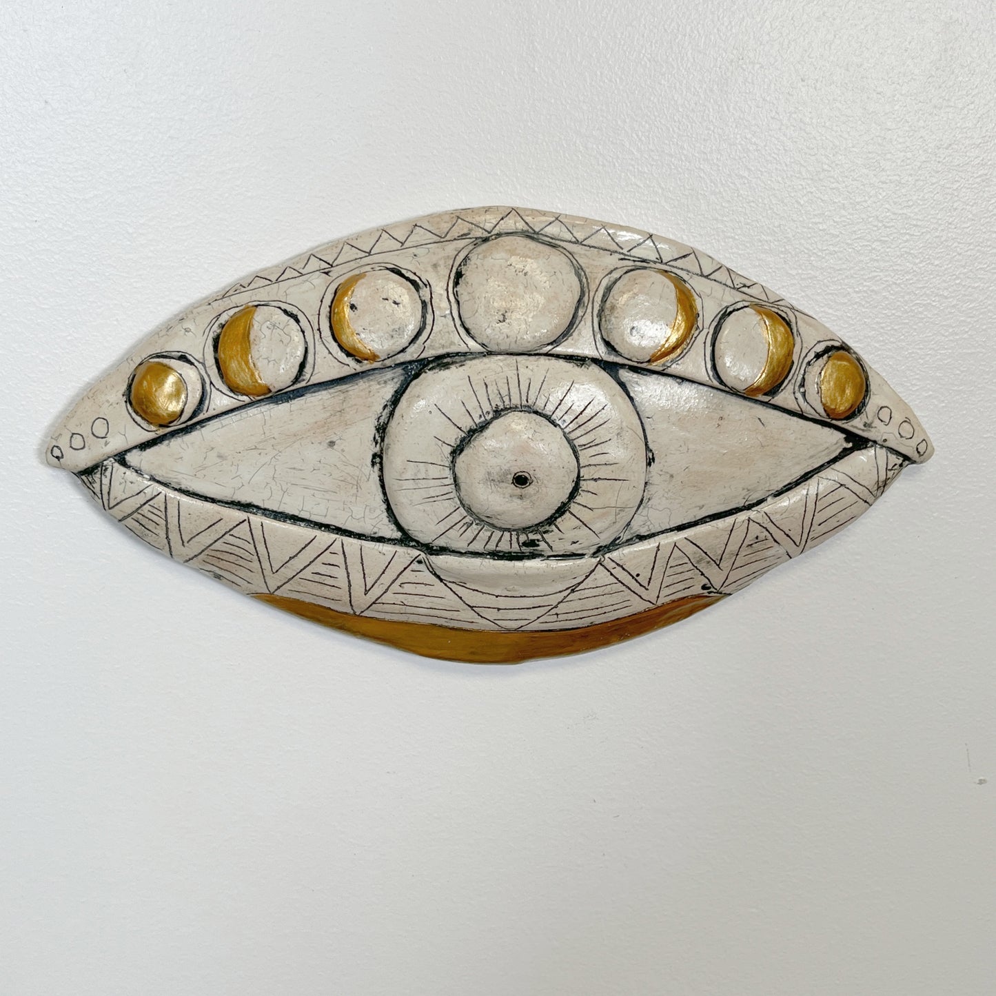 Large white moon phase eye ceramic one of a kind artist made wall art