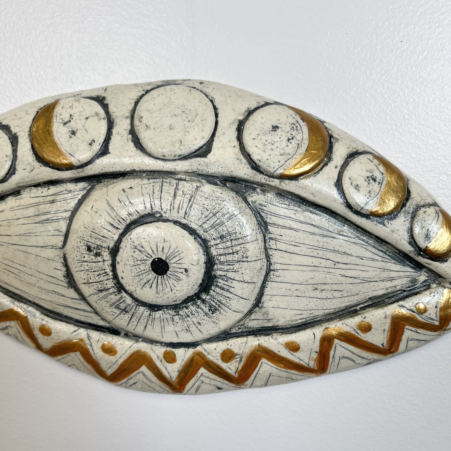 Large white moon phase eye ceramic one of a kind artist made wall art