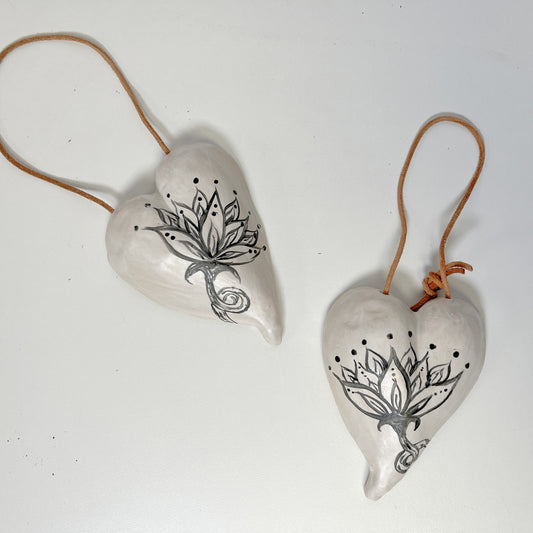 small ceramic heart with hand painted lotus flower